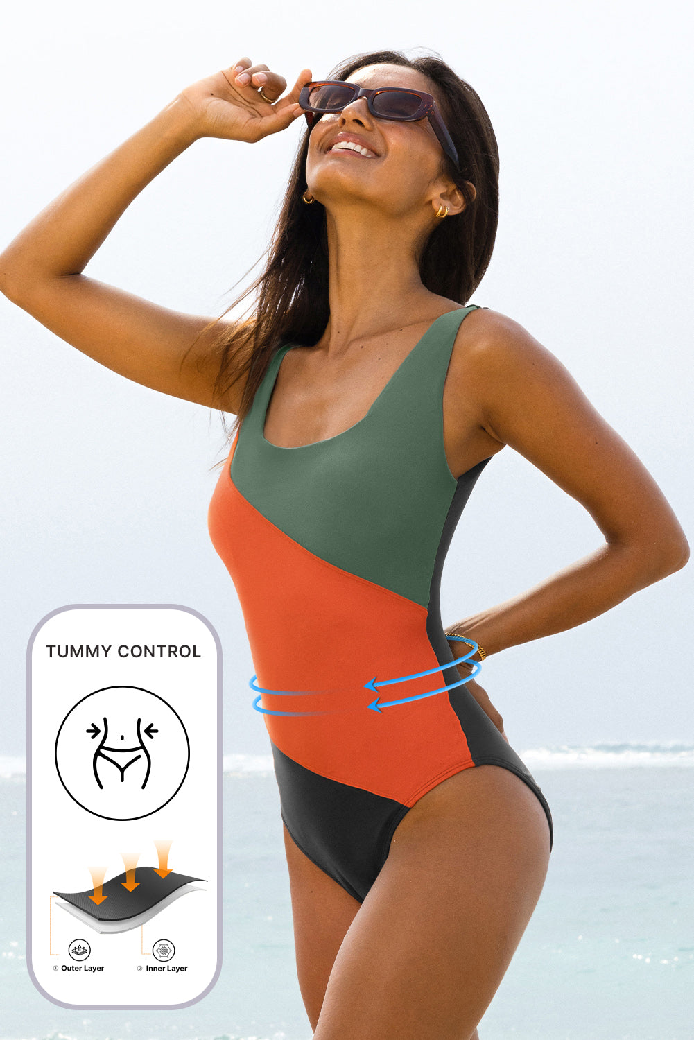 Cali Chic Women Swimsuit Duffel Green Color Block Padded Square Neck One Piece Swimsuit