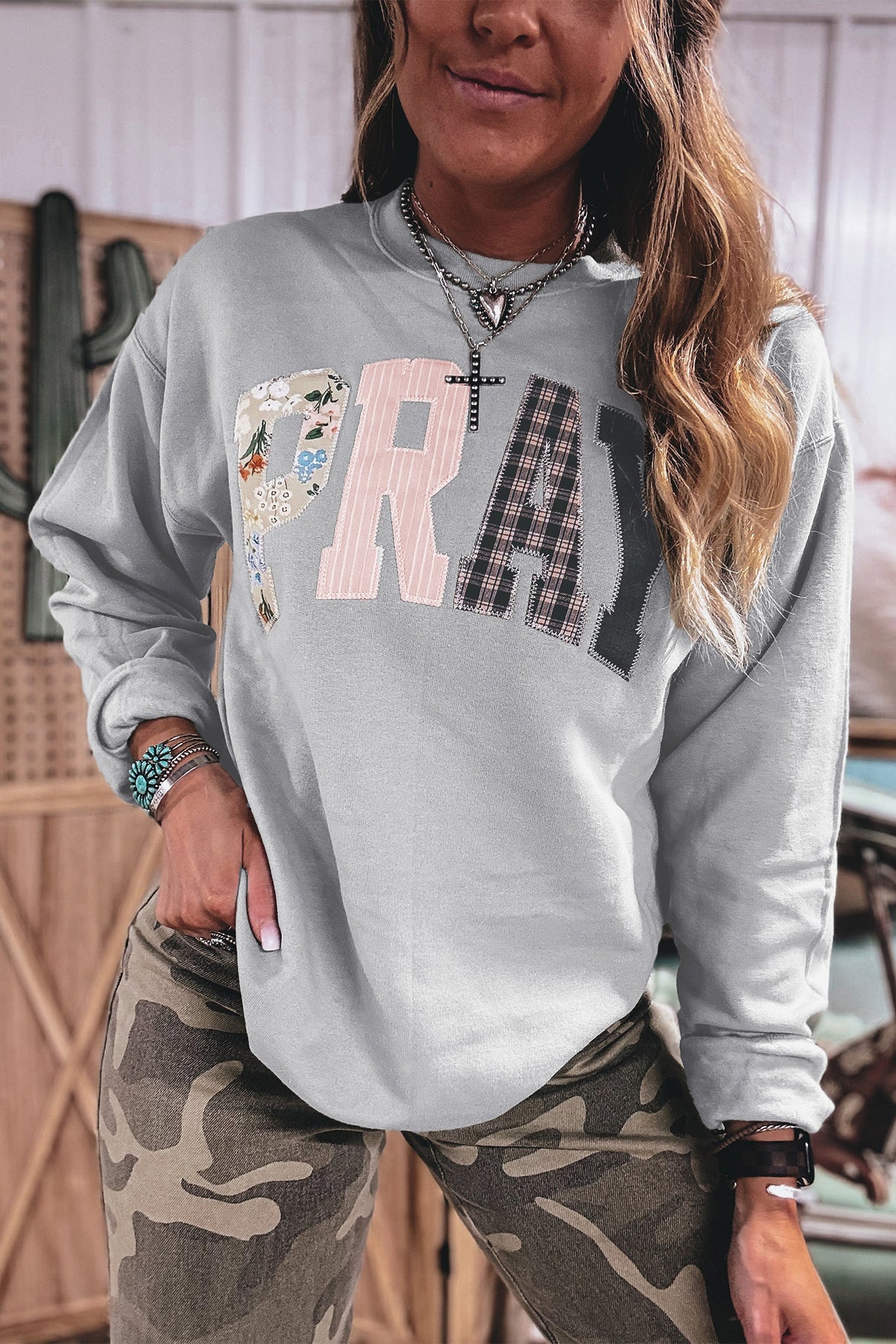 Cali Chic Women Sweatshirt Coffee Floral Buffalo Plaid Striped Embroidered Patch Western Pullover