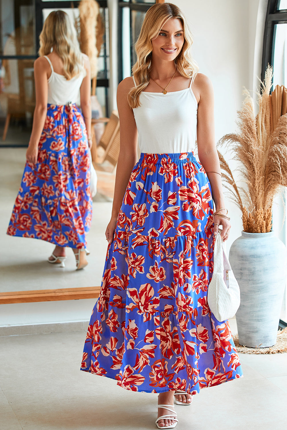 Cali Chic Women Dress Blue Bohemian Floral Print Tiered Maxi Skirt with Split - Cali Chic