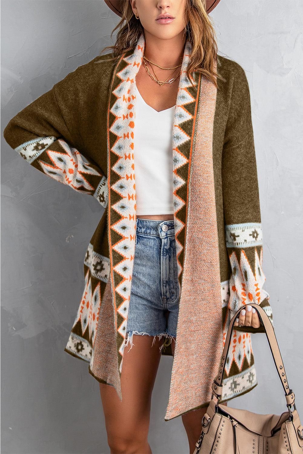 Brown Aztec Print Open Front Knitted Cardigan - Cali Chic