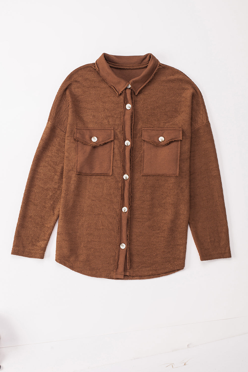 Cali Chic Brown Contrast Flap Pockets Relaxed Shacket