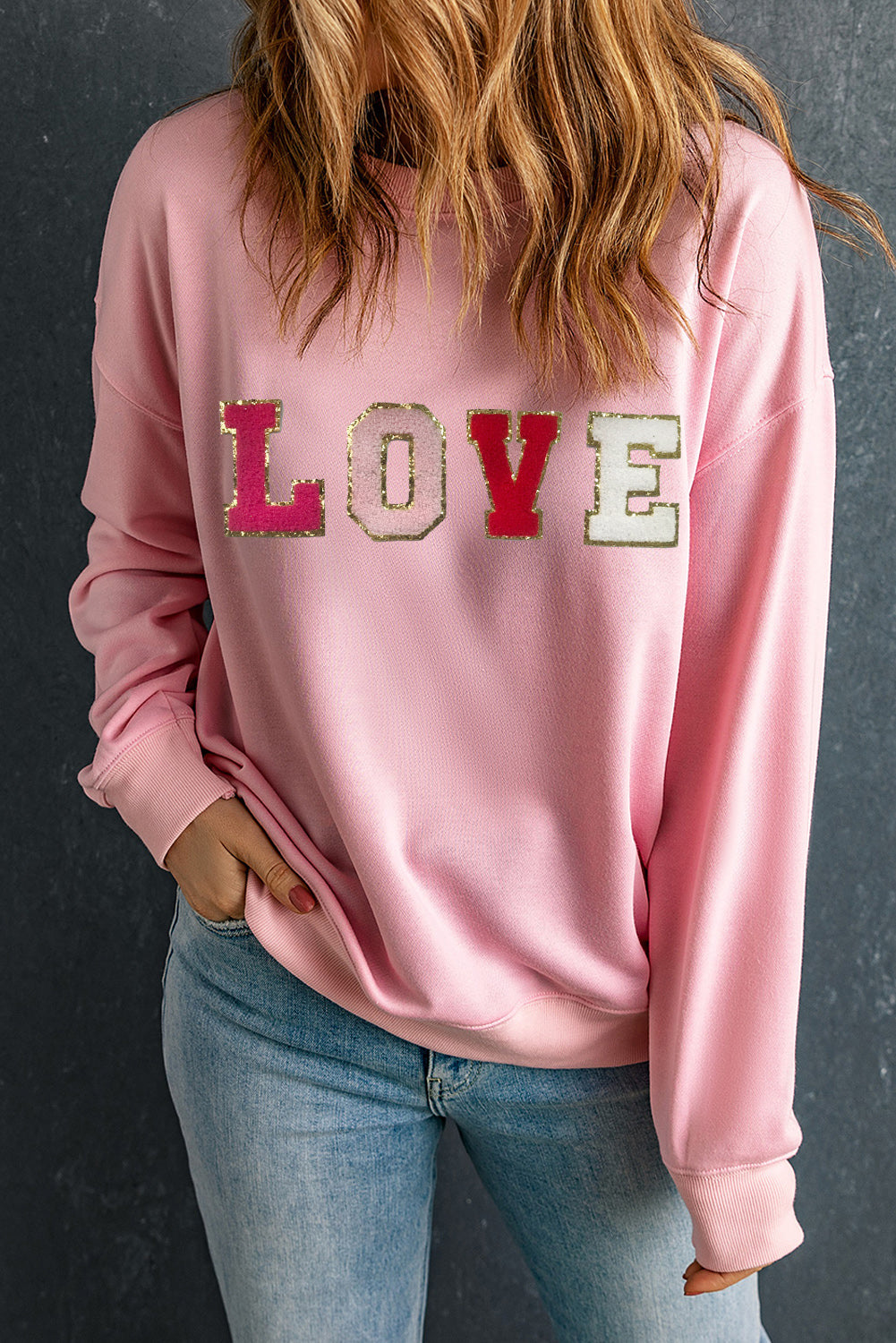 Pink Valentine LOVE Chenille Embroidered Sweatshirt - Cali Chic