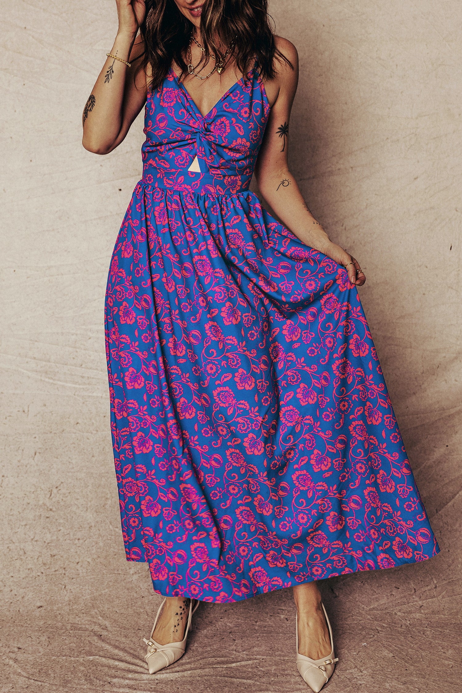 Cali Chic Women Dress Blue Floral Print Twisted V Neck Tied Backless Maxi Dress - Cali Chic