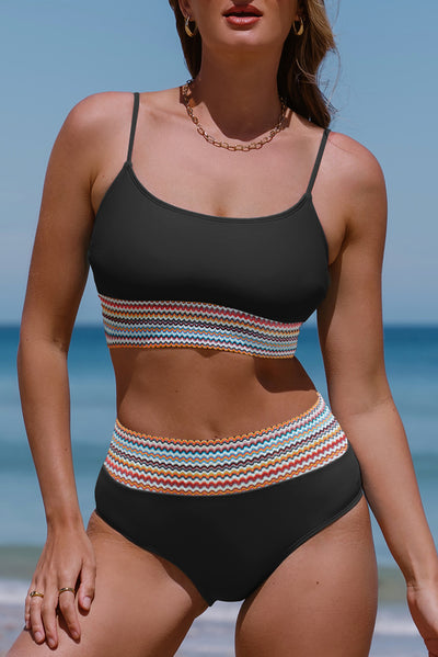 Cali Chic Women Swimsuit Celebrity Black Striped Patchwork High Waist 2pcs Bikini
