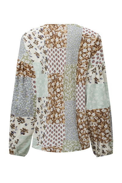 Multicolor Floral Patchwork Print Long Puff Sleeve Shirt