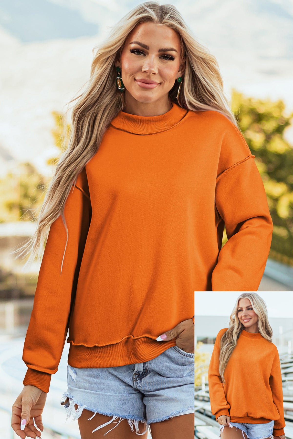 Cali Chic Women's Sweatshirt Oversized Drop Shoulder Reversible Mock Neck Sweatshirt