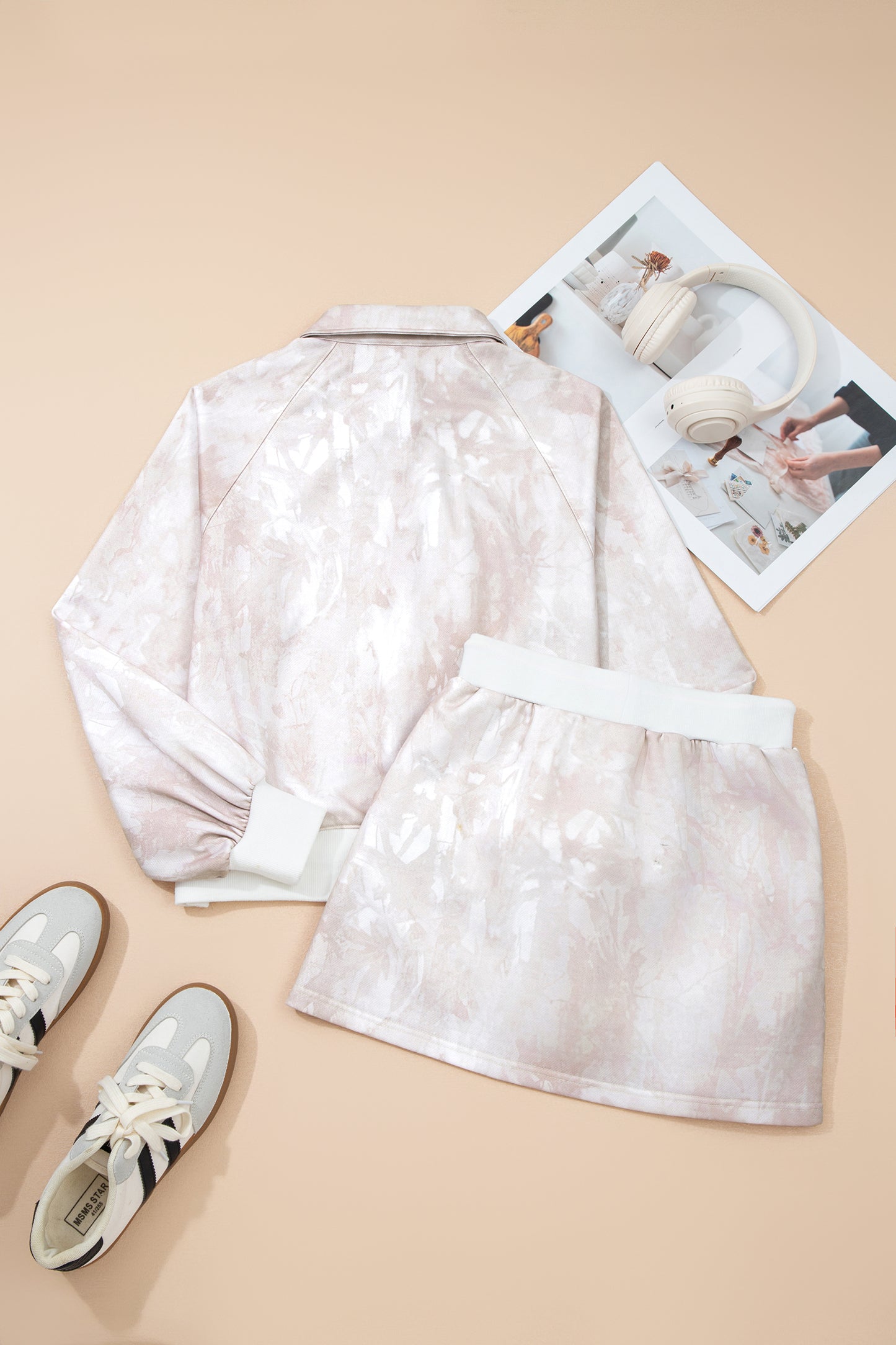 Cali Chic Women Mini Skort White Abstract Woodland Print Balloon Sleeve Pullover Drawstring Mini Skort Set - Cali Chic