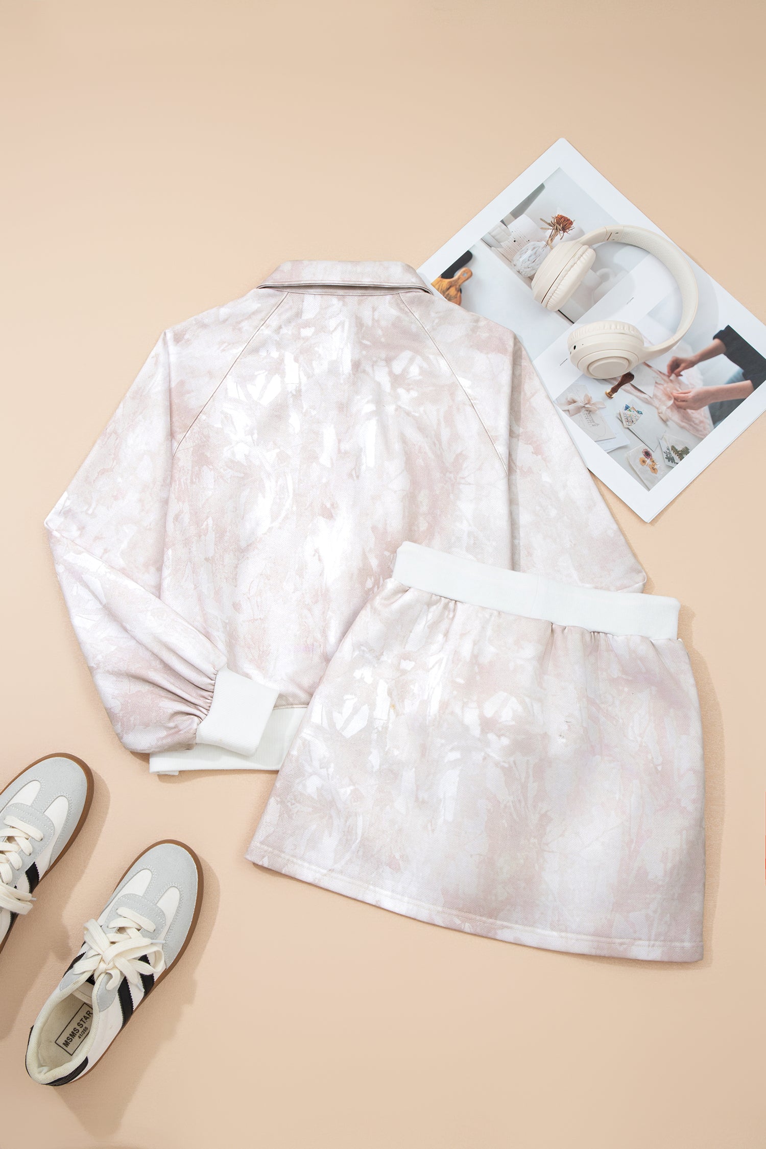 Cali Chic Women Mini Skort White Abstract Woodland Print Balloon Sleeve Pullover Drawstring Mini Skort Set - Cali Chic