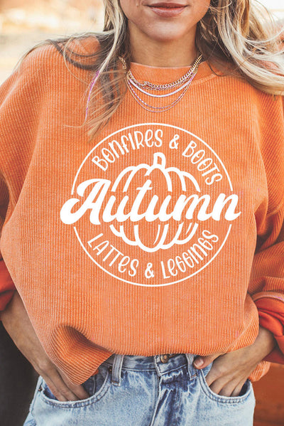 Cali Chic Orange Autumn Pumpkin Graphic Print Corded Oversized Sweatshirt