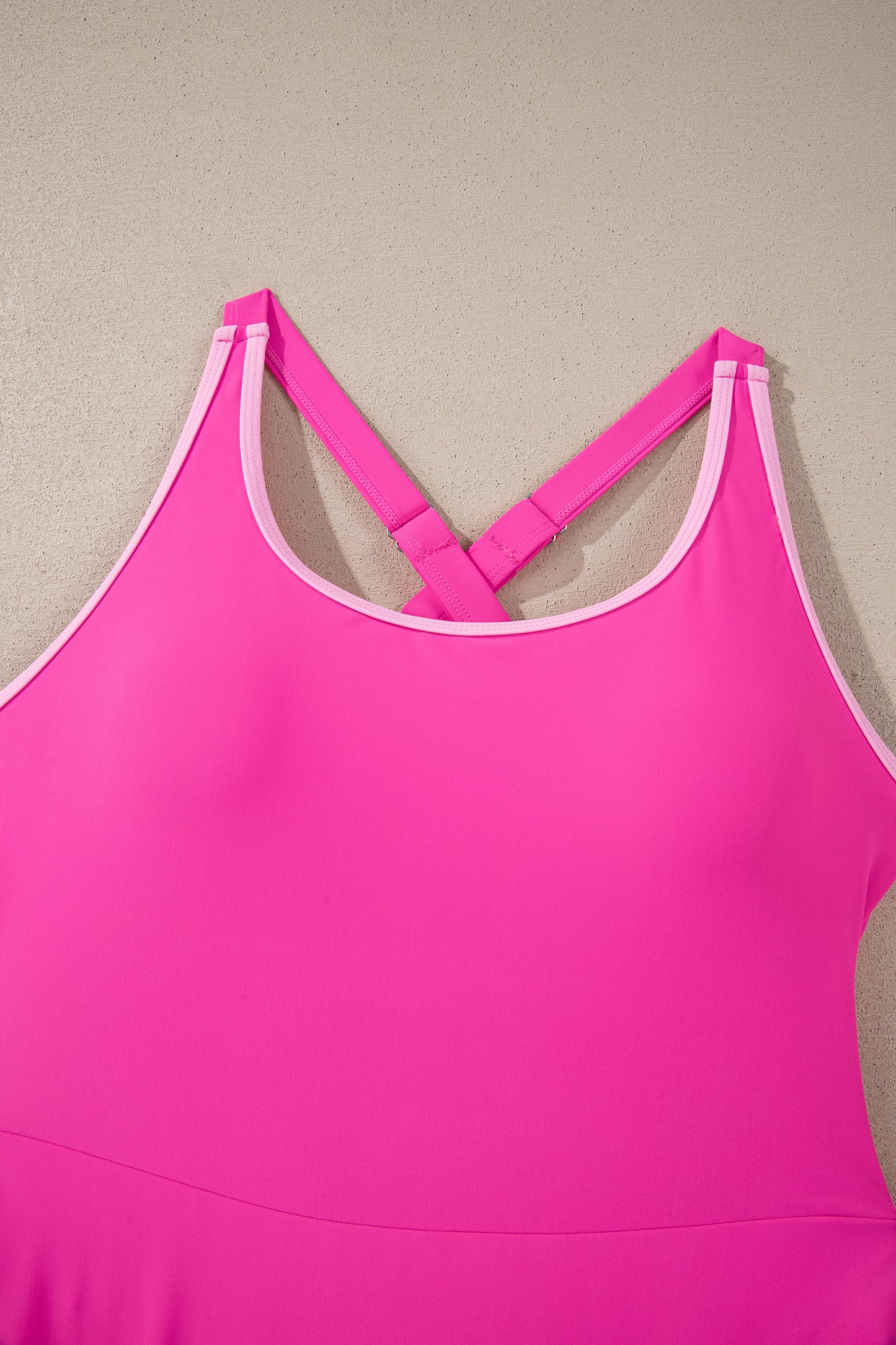 Cali Chic Women Swimsuit Rose Red Contrast Trim Neckline Active Shorts Attached One Piece Swim Dress - Cali Chic