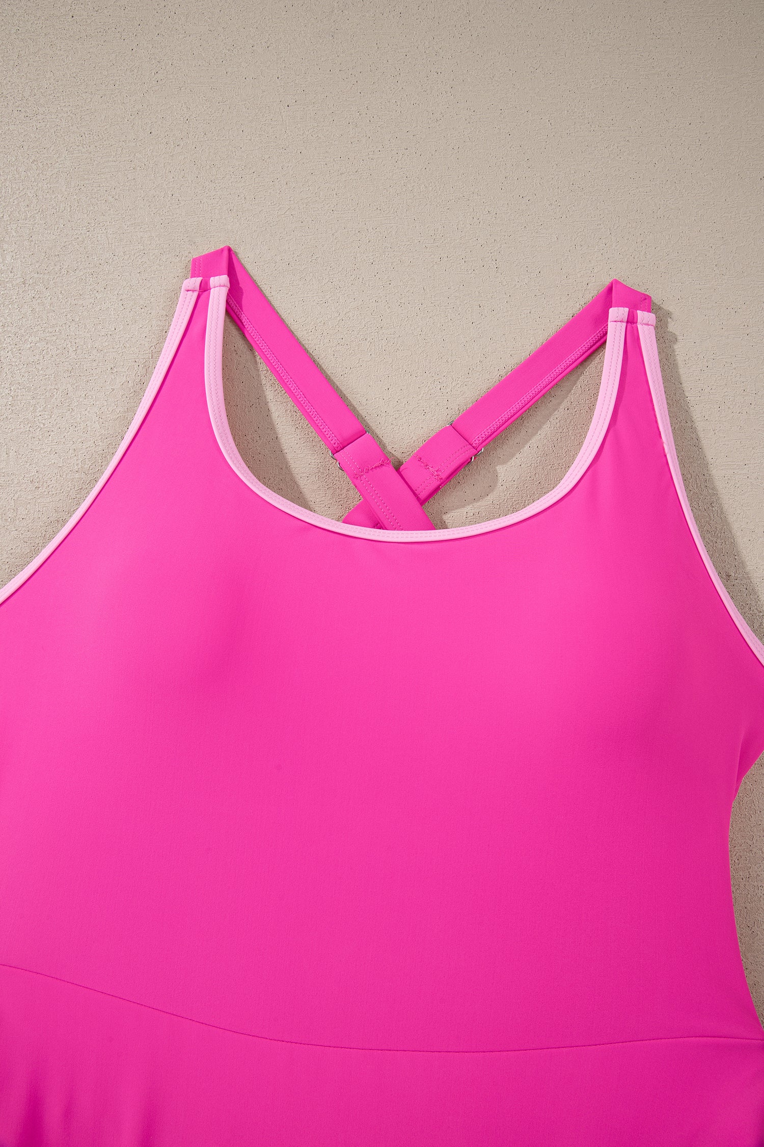 Cali Chic Women Swimsuit Rose Red Contrast Trim Neckline Active Shorts Attached One Piece Swim Dress - Cali Chic