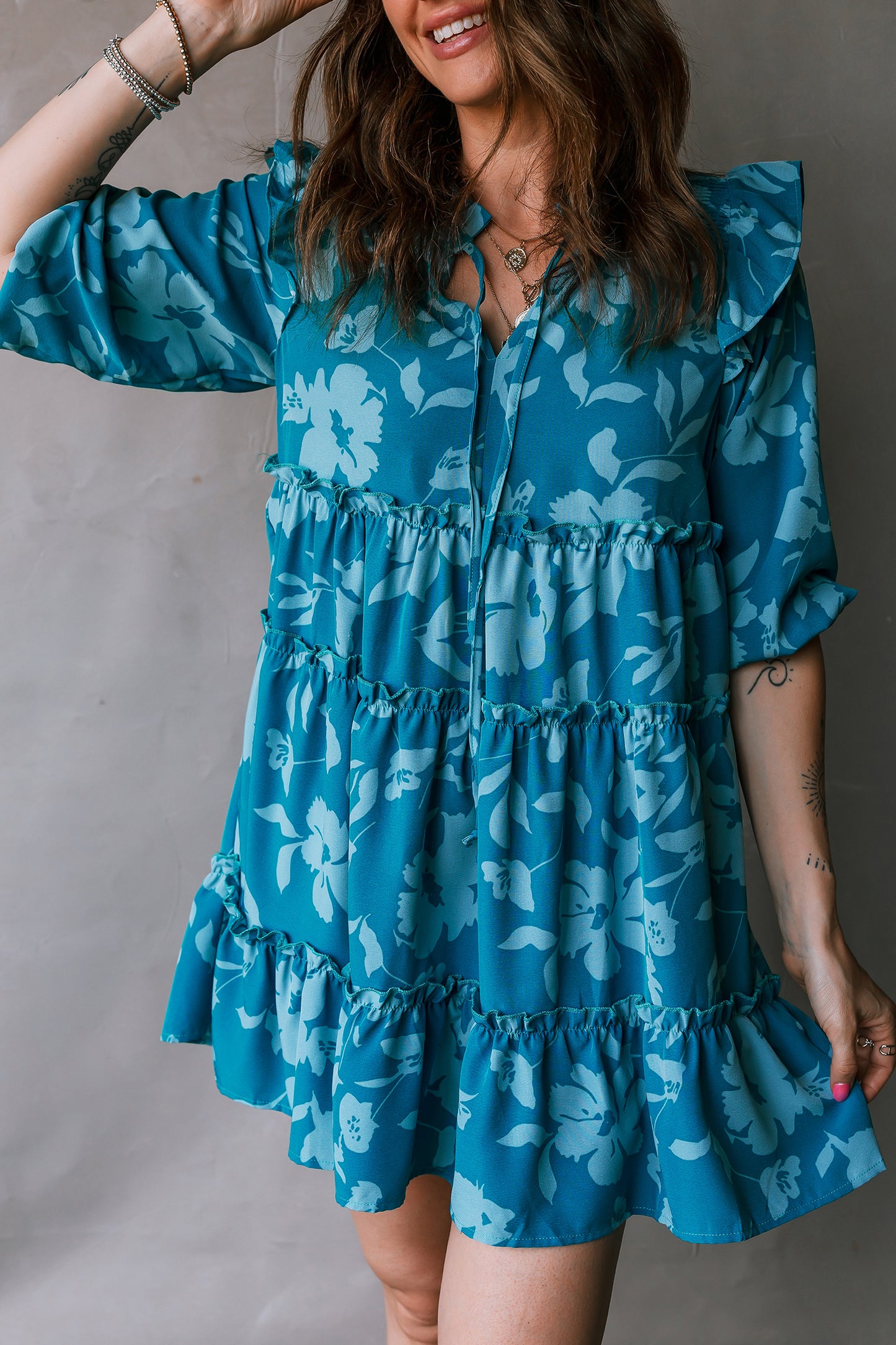 Cali Chic Women Dress Blue Flower Half Sleeve Tiered Ruffled Mini Dress - Cali Chic