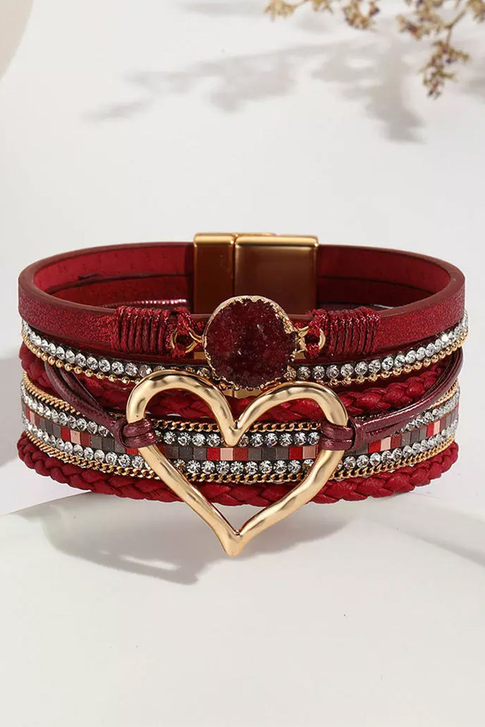 Fiery Red Valentine Rhinestone Heart Layered Bracelet