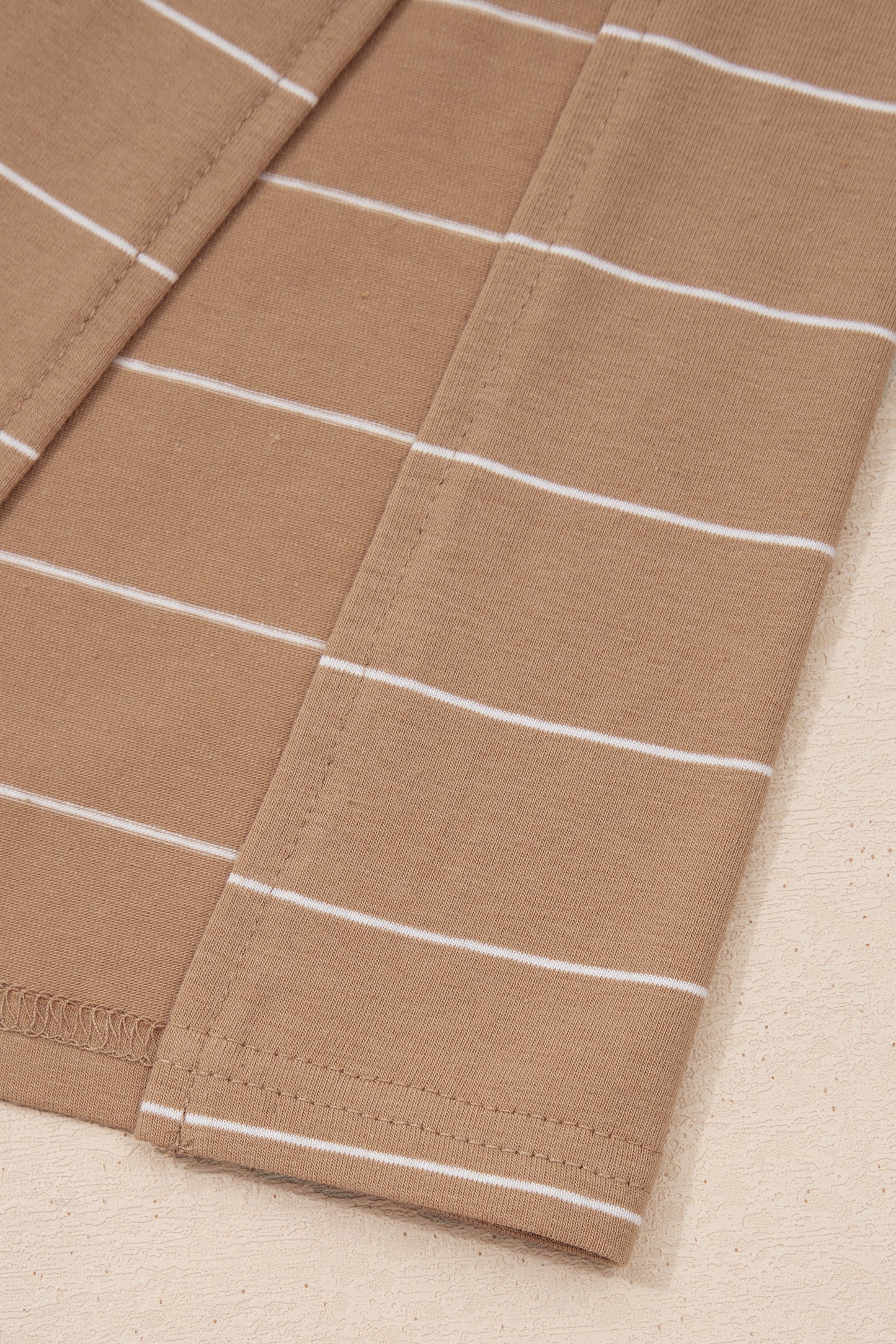 Cali Chic Women Dress Khaki Stripe Casual Short Sleeve Side Slit Maxi T Shirt Dress - Cali Chic