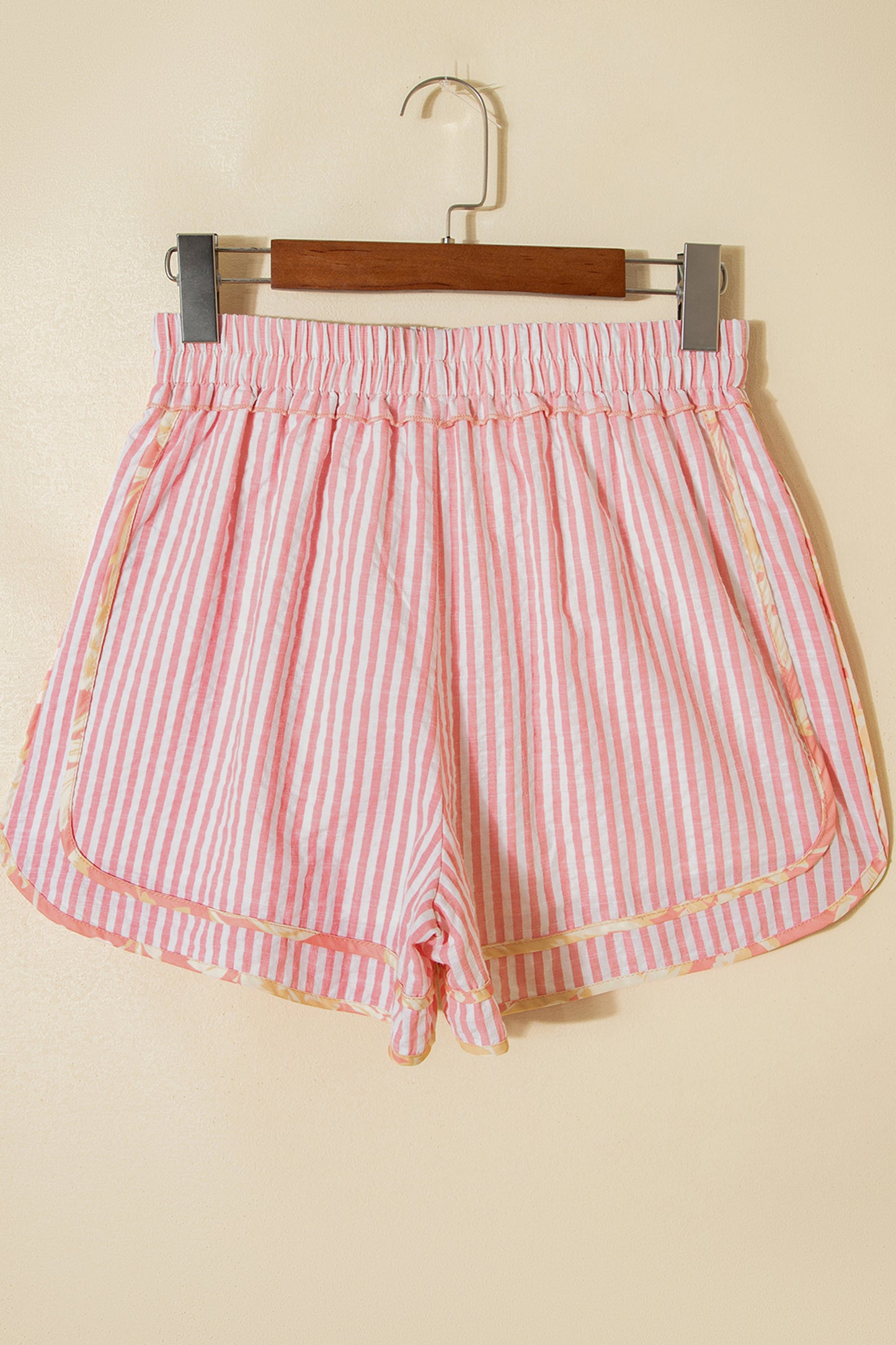 Cali Chic Women Short Light Pink Floral Trim Ribbon Knot Striped Casual Shorts - Cali Chic