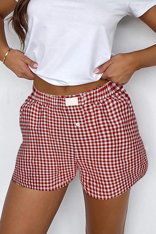 Cali Chic Red Plaid Gingham Printed High Waist Shorts