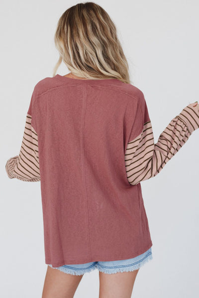 Cali Chic Red Colorblock Striped Bishop Sleeve Top