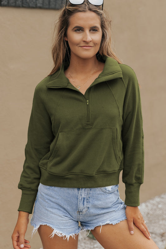 Cali Chic Green Zip Up Stand Collar Ribbed Thumbhole Sleeve Sweatshirt