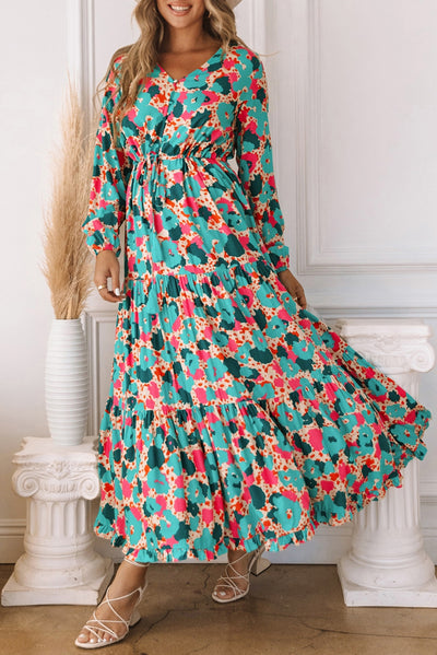 Multicolor Bohemia Print V Neck Ruffle Long Sleeve Maxi Dress