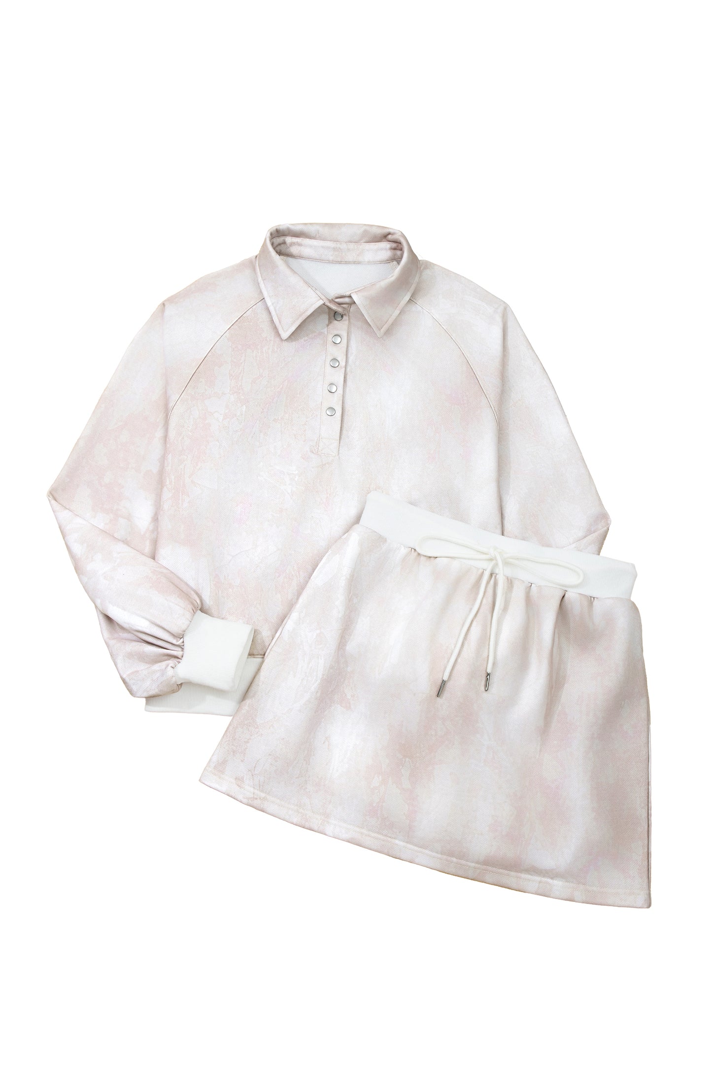Dear-Lover white abstract woodland print mini skort set with balloon sleeve pullover and drawstring, perfect for casual summer wear.