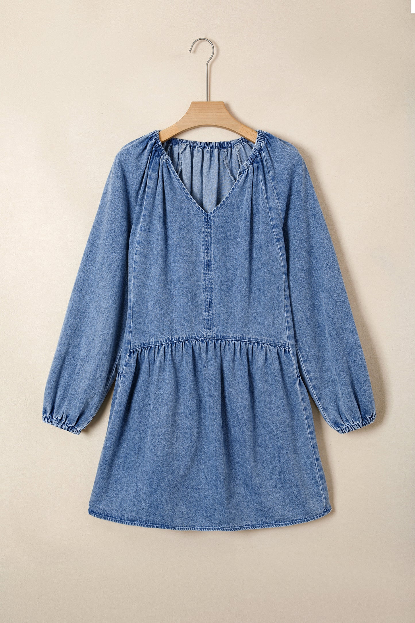 Cali Chic Women Dress Myosotis Puff Sleeve V Neck Ruffled Loose Denim Mini Dress - Cali Chic