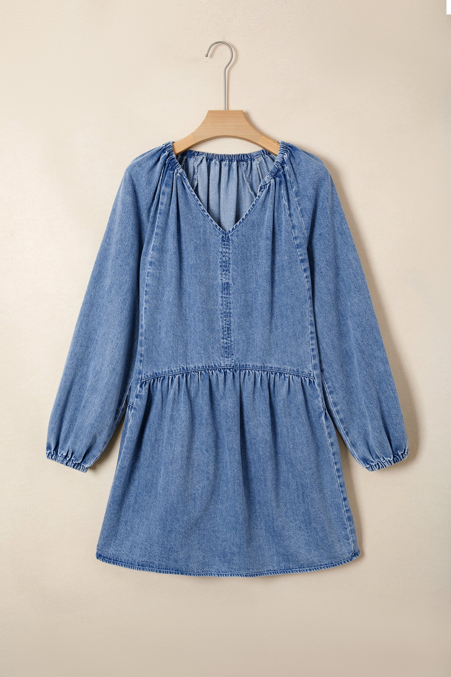 Cali Chic Women Dress Myosotis Puff Sleeve V Neck Ruffled Loose Denim Mini Dress - Cali Chic