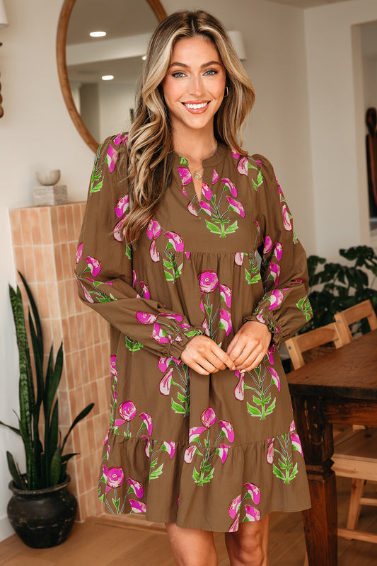 Cali Chic Women Dress Brown Contrast Floral Print Baby Doll Tunic Ruffled Hem Puff Sleeve Dress - Cali Chic
