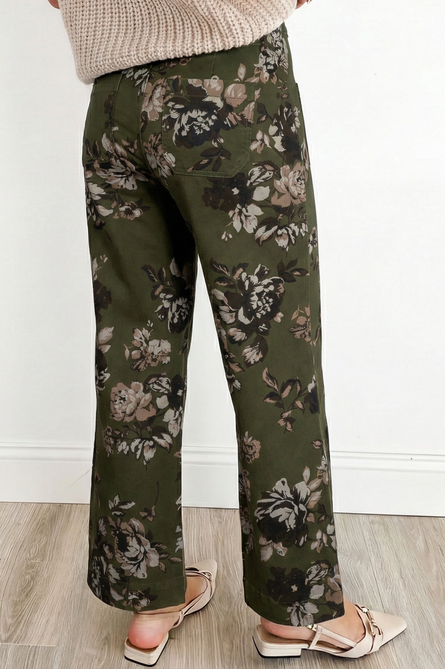 Cali Chic women's green vintage floral print jeans with patch pockets and raw hem, casual shift style bottoms.