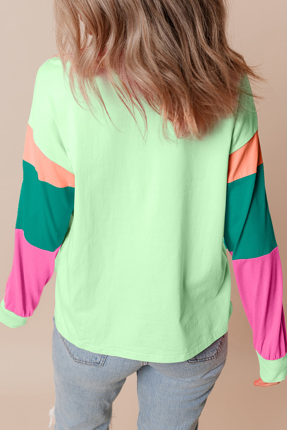 Cali Chic Women Sweatshirt Green Color block Patchwork Long Sleeve Loose Top