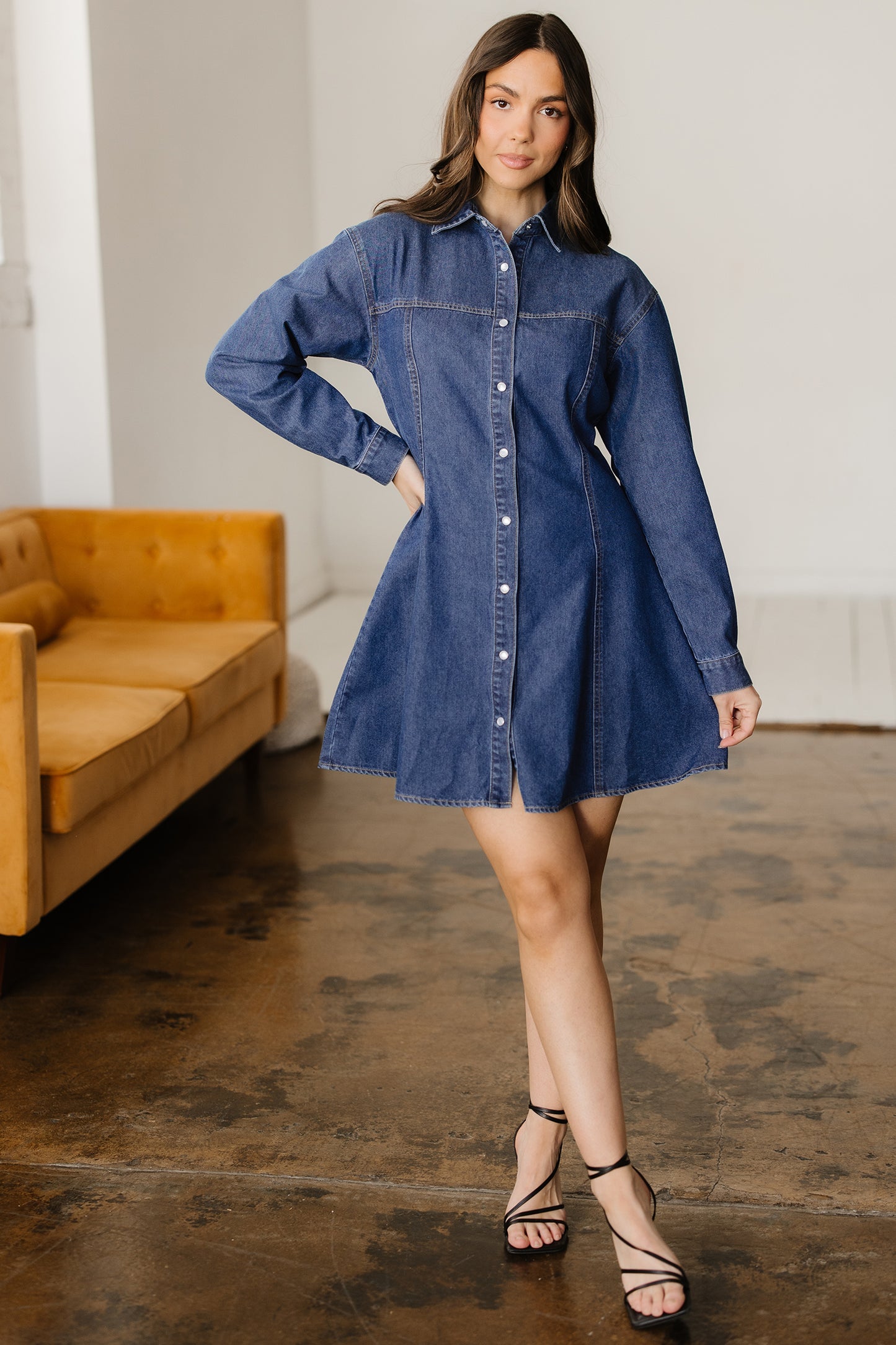 Cali Chic Women Dress Ashleigh Blue Denim Shirt Collar Long Sleeve Flared Mini Dress - Cali Chic