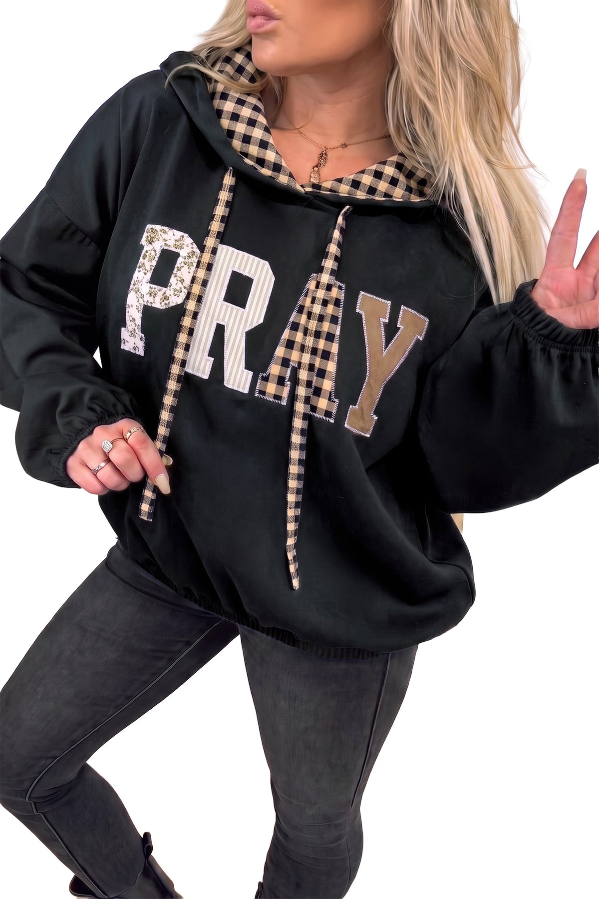 Cali Chic Women's Sweatshirt PRAY Mix Pattern Letter Graphic Plaid Contrast Drawstring Hoodie