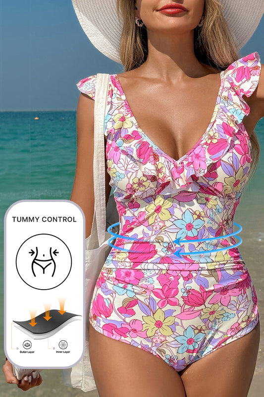 Cali Chic Women Swimsuit Pink Floral Ruffle Trim V Neck Lace-up Back Tummy Control One Piece Swimsuit - Cali Chic