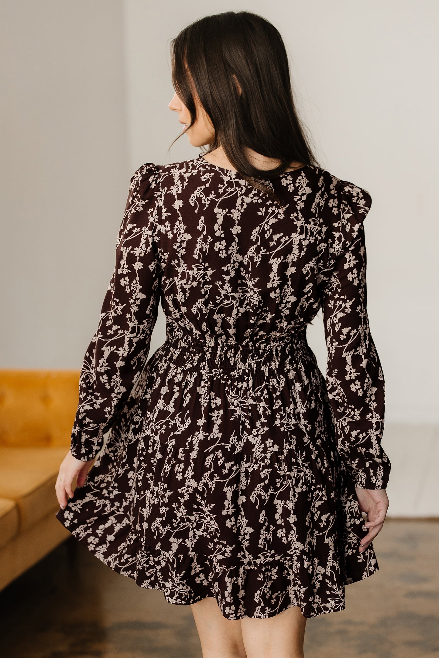 Cali Chic Women Dress Brown Ditsy Floral Print Split Neck Long Sleeve Shirred Waist Flared Mini Dress - Cali Chic