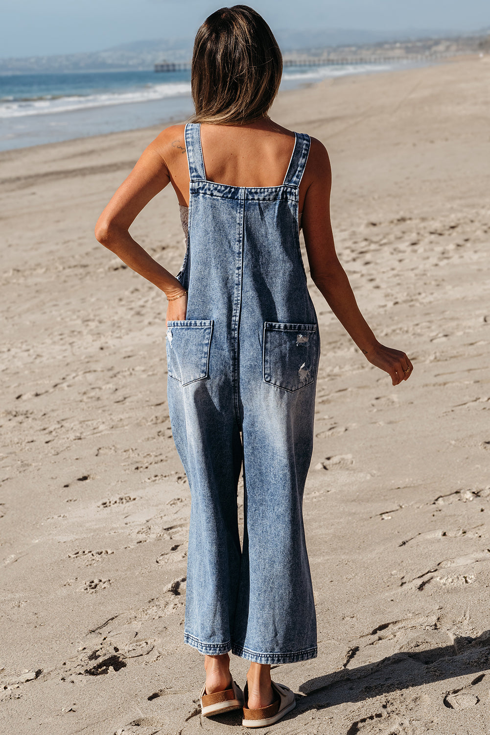 Cali Chic Women Pants Stone Blue Distressed Bib Pocket Wide Leg Denim Overall - Cali Chic