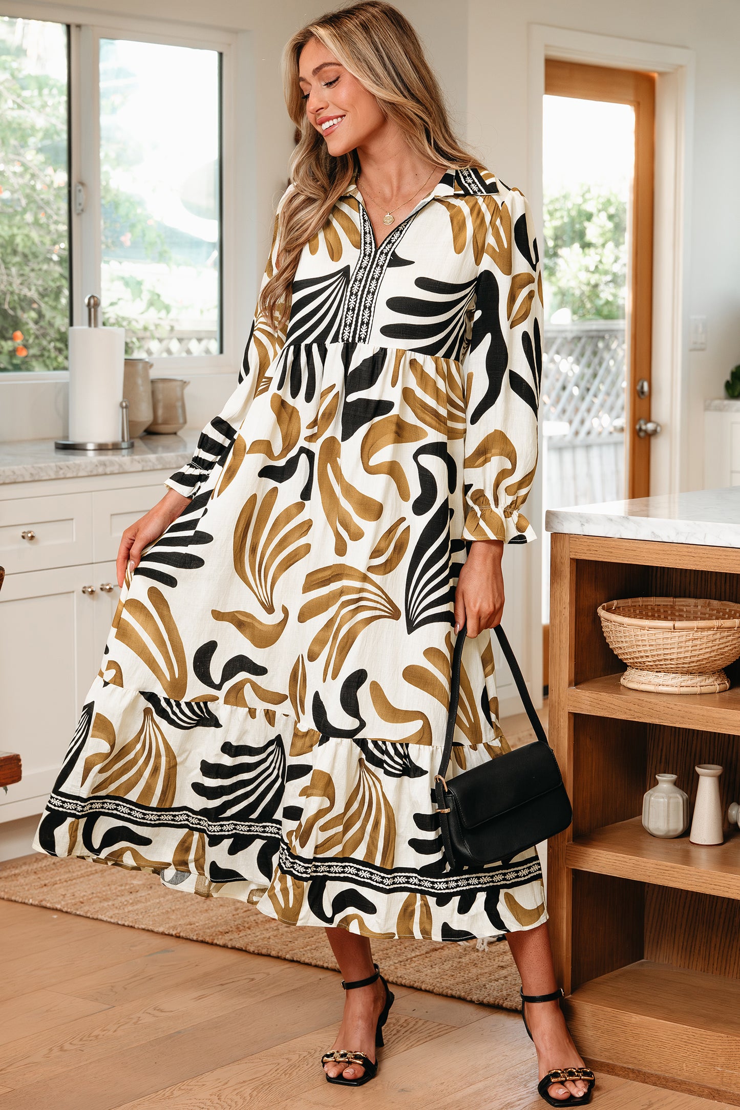 Cali Chic Women Dress Brown Tropical Printed Contrast Trim Neck Long Sleeve Ruffle Hem Dress - Cali Chic