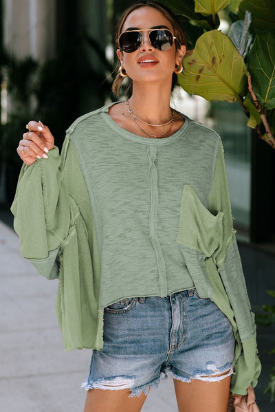 Green Exposed Seam Chest Pocket Loose Sleeve Oversized Top