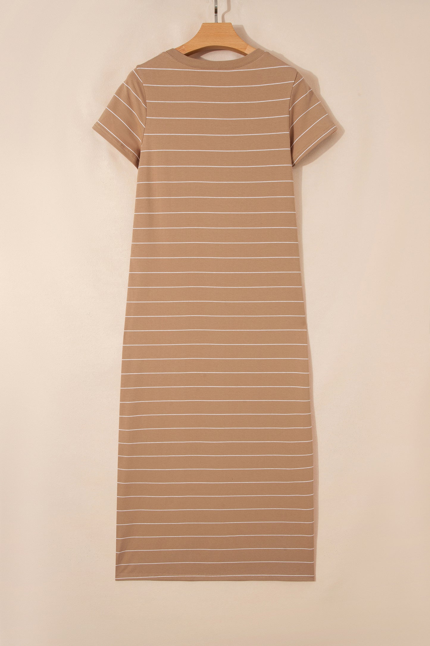 Cali Chic Women Dress Khaki Stripe Casual Short Sleeve Side Slit Maxi T Shirt Dress - Cali Chic