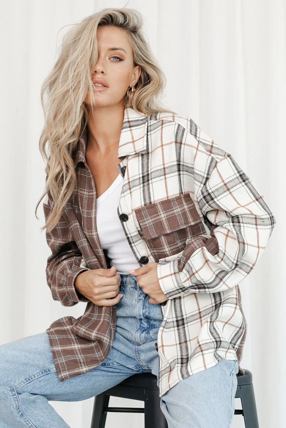 Cali Chic Brown Mixed Plaid Soft Oversized Shirt