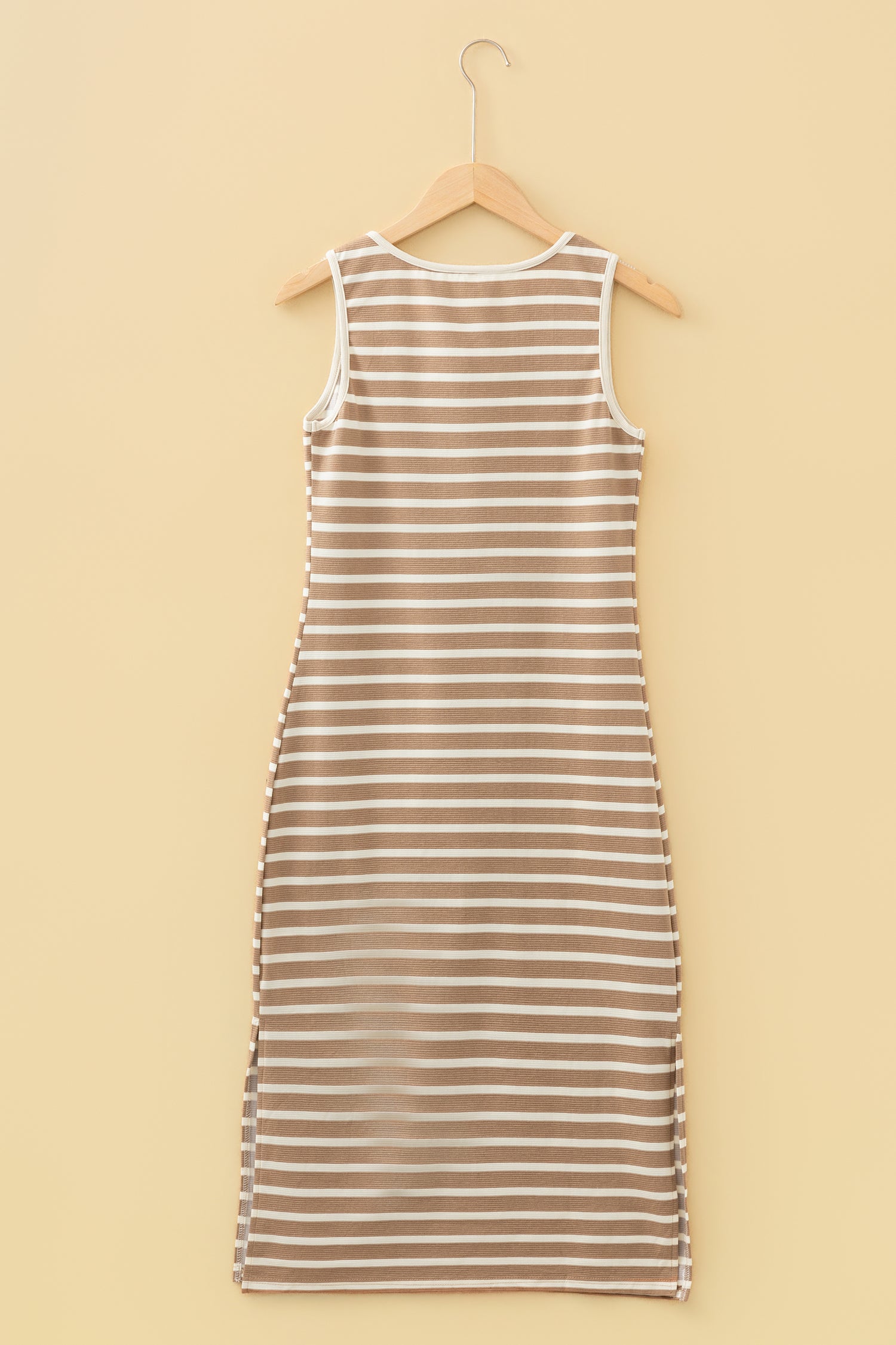 Cali Chic Women Dress Khaki Stripe Tie V Neck Sleeveless Side Slit Midi Dress - Cali Chic