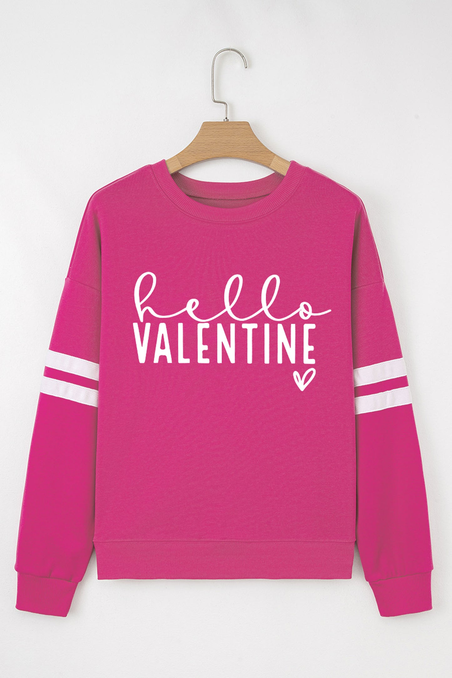 Rose Red Hello Valentine Varsity Striped Sleeve Baggy Sweatshirt - Cali Chic