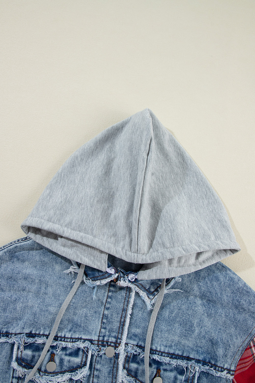 Cali Chic Women's Denim Jacket Beau Blue Plaid Print Patchwork Hooded Raw Hem Denim Coat