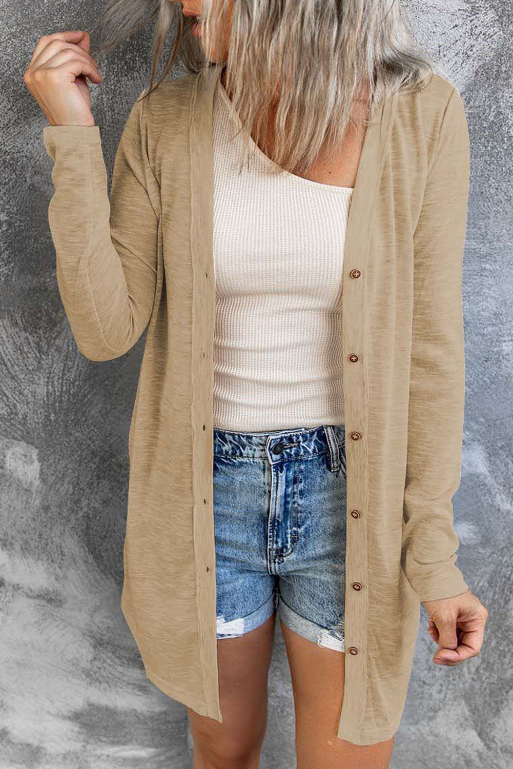 Cali Chic Brown Solid Color Open Front Buttons Cardigan