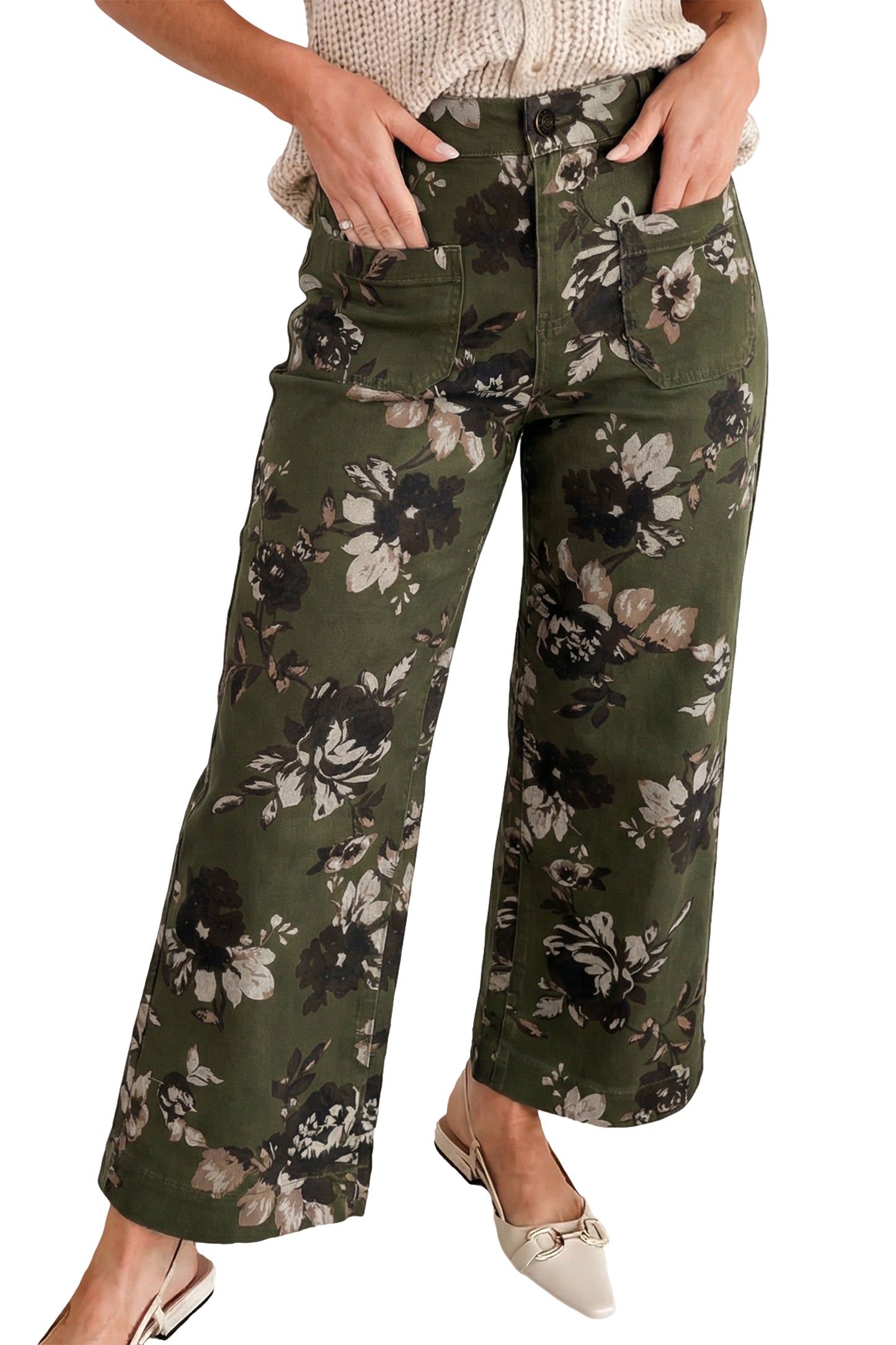 Cali Chic women's green vintage floral print jeans with patch pockets and raw hem, casual shift style for relaxed fashion.