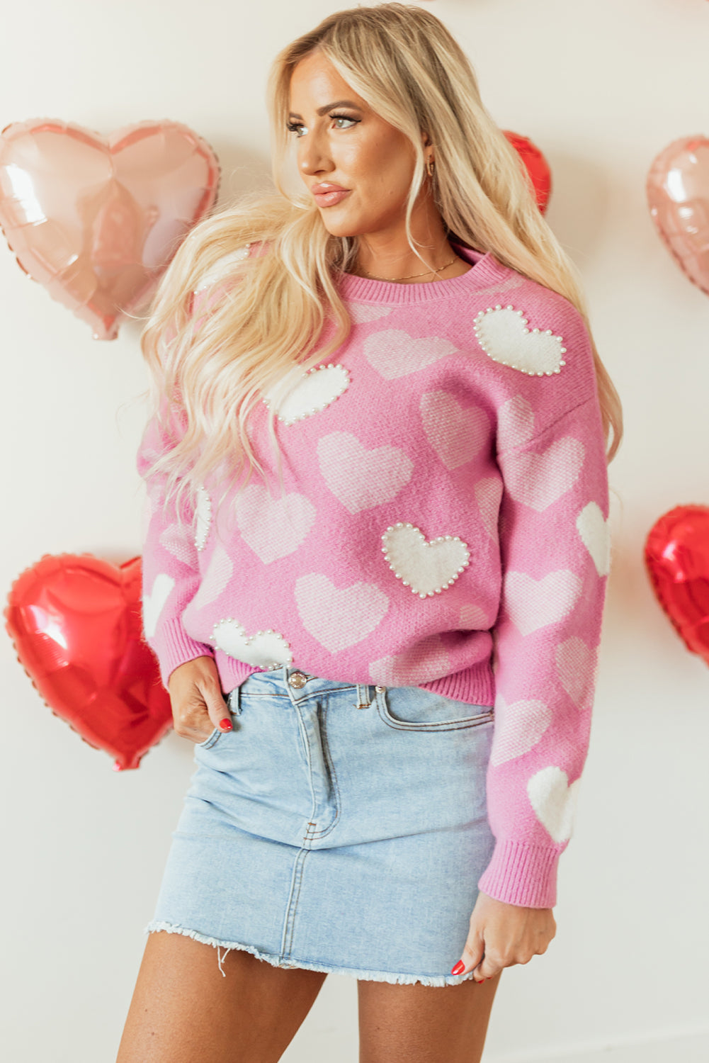 Pink Pearled Heart Print Valentines Crew Neck Sweater - Cali Chic