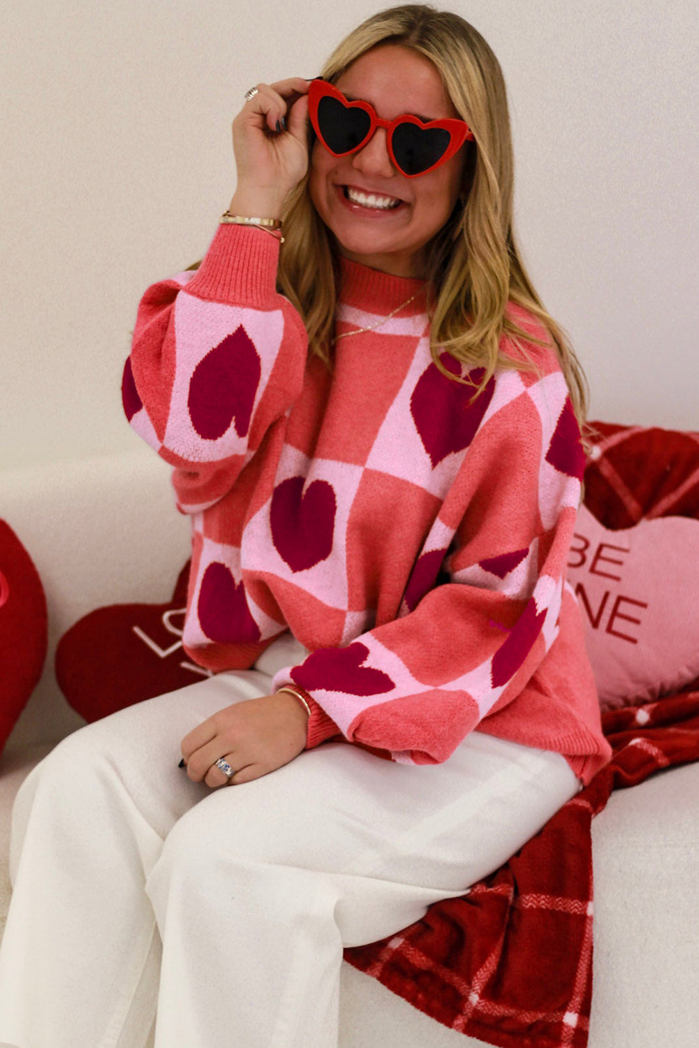 Pink Plus Size Love Heart Block Mock Neck Lantern Sleeve Valentine Sweater - Cali Chic