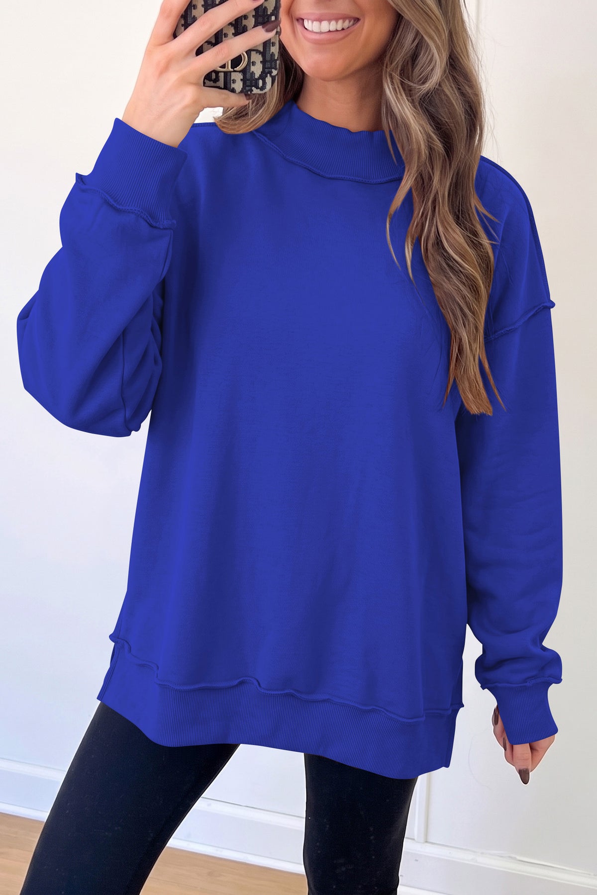 Cali Chic Women's Sweatshirt Oversized Drop Shoulder Reversible Mock Neck Sweatshirt