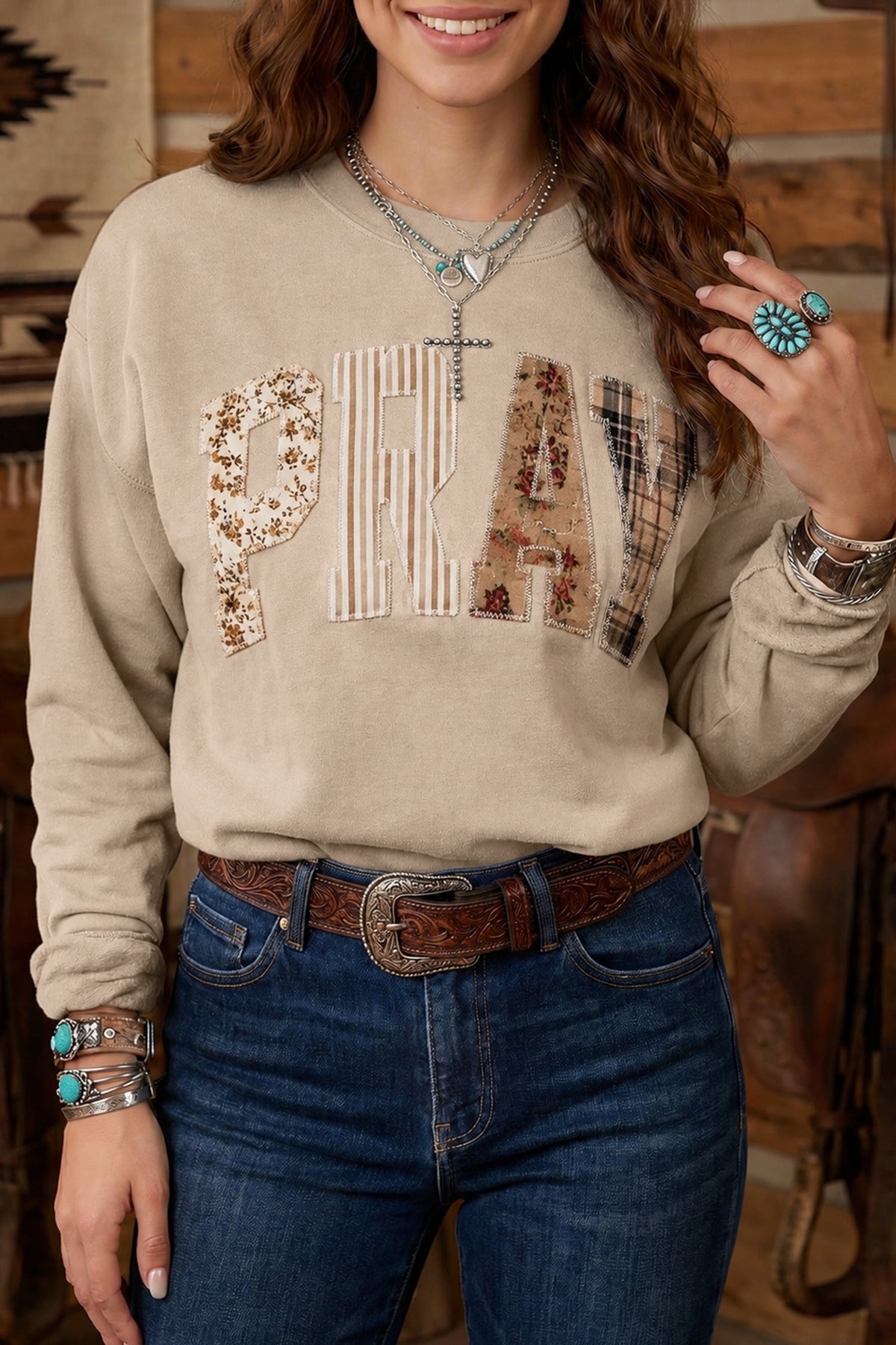 Cali Chic Women Sweatshirt Coffee Floral Buffalo Plaid Striped Embroidered Patch Western Pullover