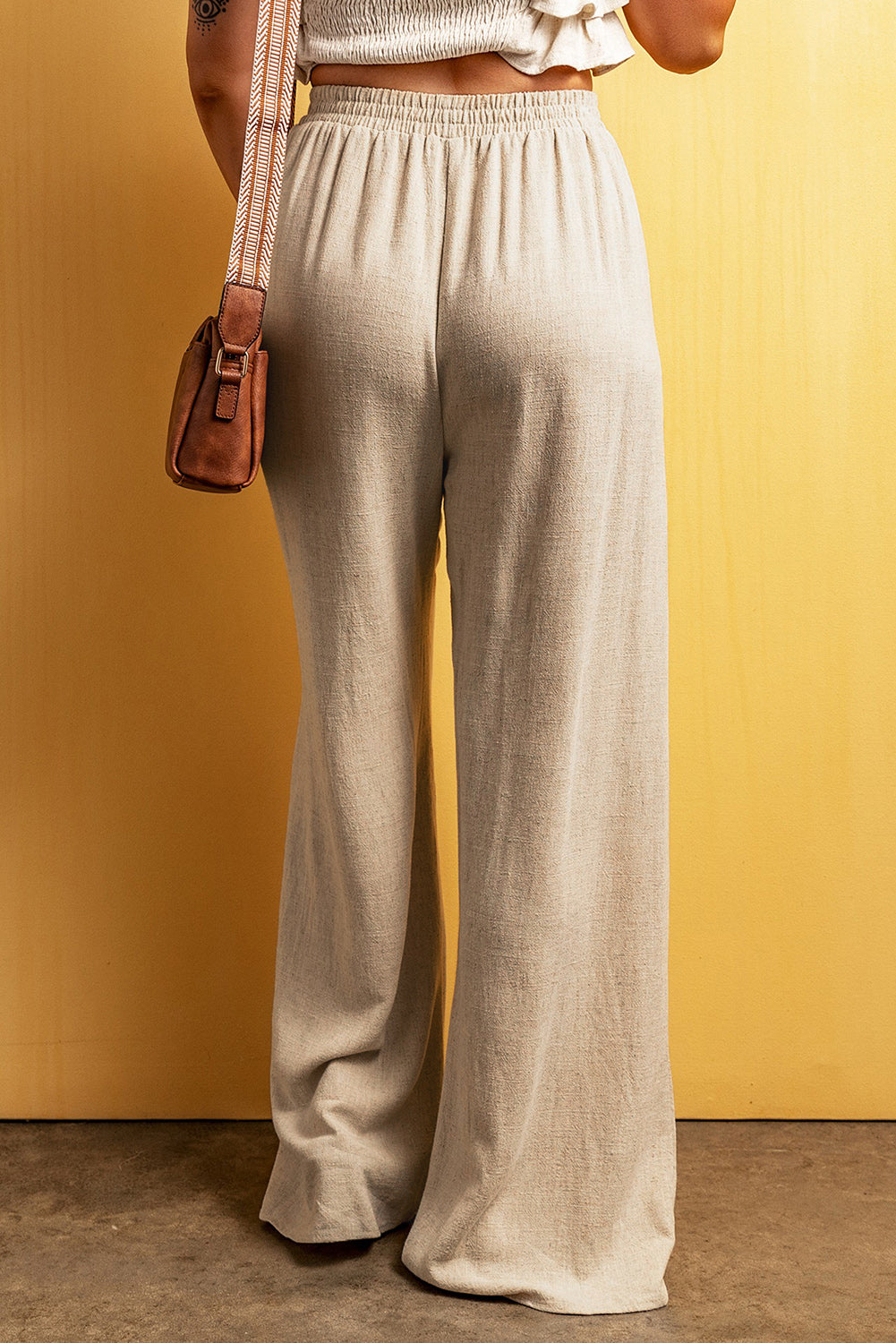 Apricot Lace-up Waist Floor Length Wide Leg Casual Pants