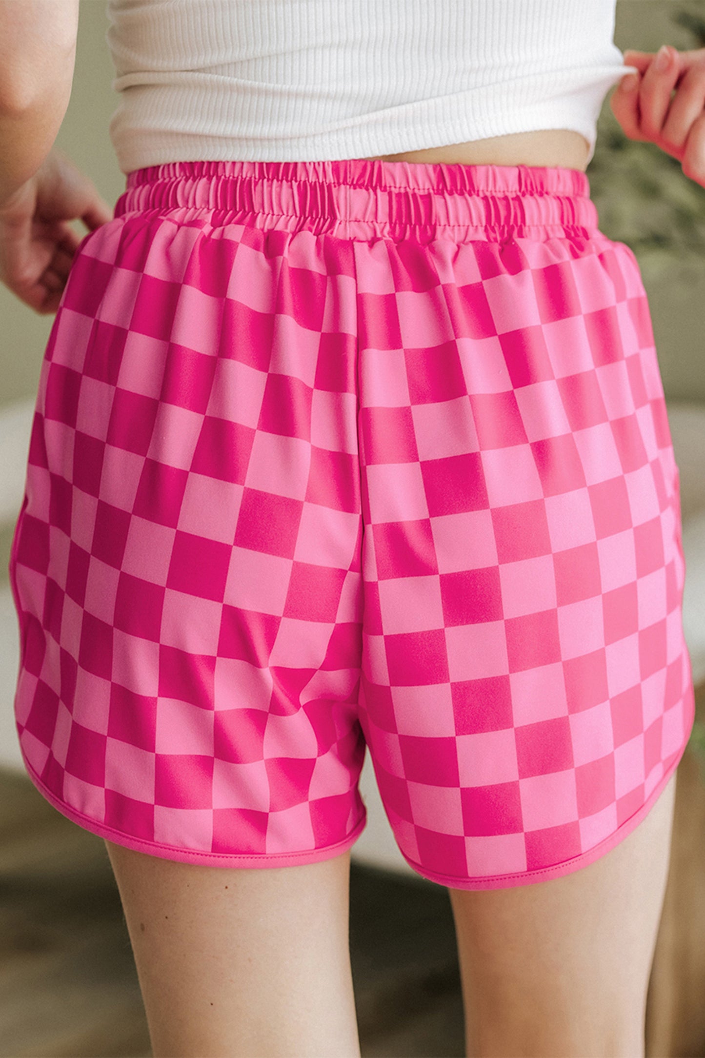 Cali Chic Women Shorts Rose Checkered Drawstring Elastic Waist Casual Short