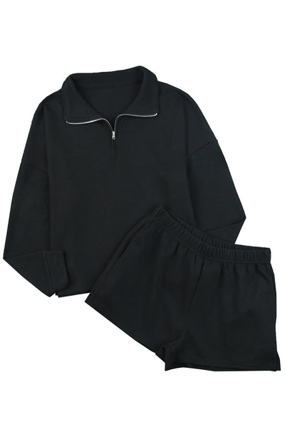 Cali Chic Black Ribbed Zipper Sweatshirt and High Waist Shorts Set
